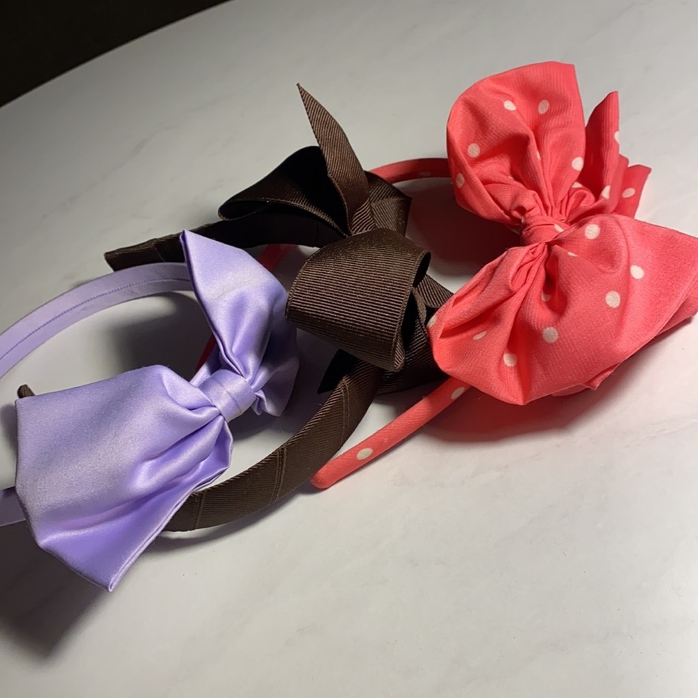 Set of 3 bow headbands lavender purple dark brown coral pink polka dot​ - Picture 13 of 13